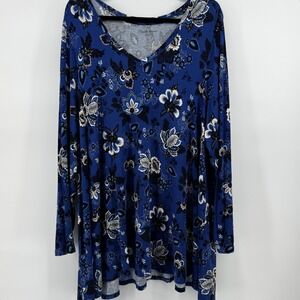 Lane Bryant Blue Floral V-Neck Long Sleeve Tunic Top Plus Sz 22/24 Boho Workwear